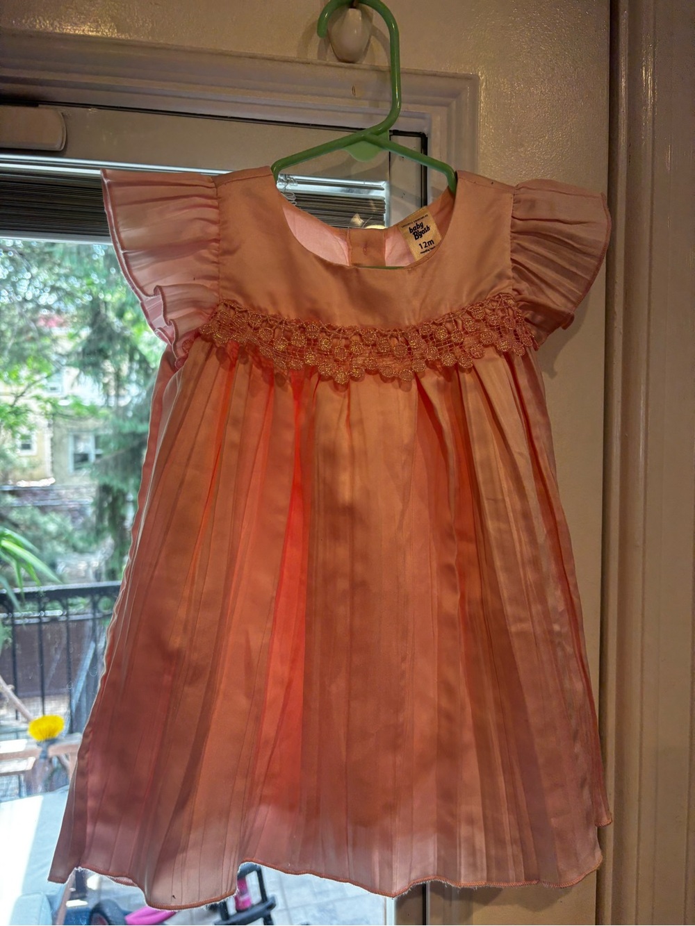 Pink Pleated Girls Dress with Lace Yoke